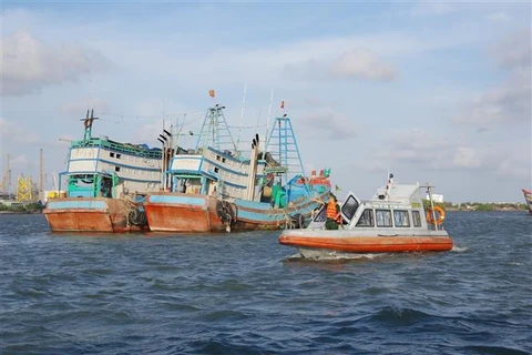 Les gardes-frontières de Ba Ria-Vung Tau contrôlent des bateaux de pêche. Photo: VNA