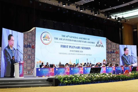 National Assembly Chairman Tran Thanh Man speaks at the first plenary session of the 45th General Assembly of the ASEAN Inter-Parliamentary Assembly (AIPA-45) in Vientiane on October 19. (Photo: VNA)