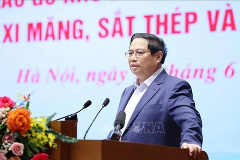 越南政府总理范明政在会上发言。图自越通社