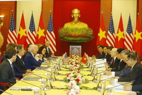 Party General Secretary Nguyen Phu Trong holds an important meeting with US President Joe Biden, marking a new milestone in the bilateral relations between Vietnam and the US. (Photo: VNA)