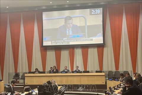 El embajador Dang Hoang Giang, representante permanente de Vietnam ante la ONU, produce un discurso en la sesión de trabajo (Fuente: VNA)