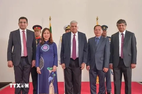 El presidente Ranil Wickremesinghe, la embajadora Trinh Thi Tam y los funcionarios en la ceremonia de presentación de credenciales (Foto: VNA)