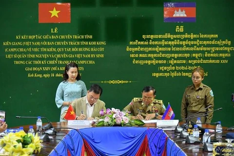 El vicepresidente del Comité Popular de Kien Giang, Nguyen Luu Trung (izquierda), firma el acuerdo de cooperación con el representante de Koh Kong, Camboya. (Foto: VNA)