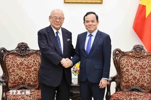 Deputy Prime Minister Tran Luu Quang (R) and Special Advisor to the Japan-Vietnam Parliamentary Friendship Alliance Takebe Tsutomu (Photo: VNA)