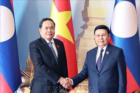 National Assembly Chairman Tran Thanh Man (L) meets his Lao counterpart Saysomphone Phomvihane in Vientiane on October 17. (Photo: VNA)