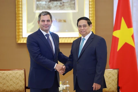 PM Pham Minh Chinh (R) shakes hands with Chairman of Prime Group Tamer Wagih Salem on October 27. (Photo: VNA)