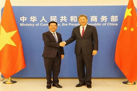 Minister of Industry and Trade Nguyen Hong Dien (L) and Chinese Minister of Commerce Wang Wentao shake hands before co-chairing the 13th session of the Vietnam-China Economic and Trade Cooperation Committee (Photo: VNA)