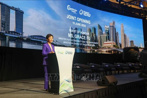 新加坡环境及可持续发展部部长傅海燕在开幕式上致辞。图自越通社