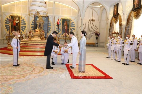 范越雄大使向泰国国王玛哈·哇集拉隆功递交国书。图自越通社