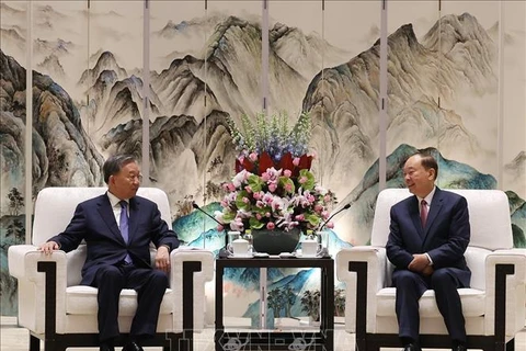 El secretario general del Partido Comunista y presidente de Vietnam, To Lam, sostiene una reunión con el miembro del Buró Político y secretario del Comité del Partido Comunista de China (PCCh) en Guangdong, Huang Kunming. (Fuente: VNA)