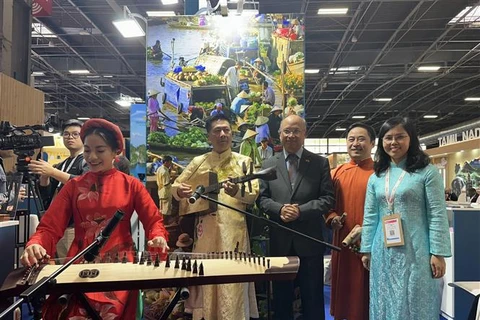 Una actuación de instrumentos folklóricos en el pabellón de Vietnam. (Fuente: VNA)