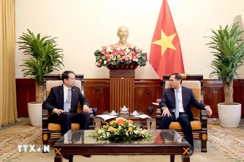 El viceprimer ministro y canciller de Vietnam, Bui Thanh Son, recibe al embajador de Beijing en Hanoi, He Wei. (Fuente: VNA) 