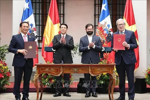 El presidente de Vietnam, Luong Cuong, y su homólogo chileno, Gabriel Boric, testimonian la firma de la declaración conjunta entre los dos ministerios de Relaciones Exteriores. (Fuente: VNA)