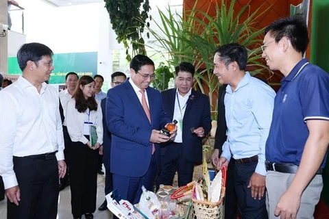 Премьер-министр Фам Минь Тьинь посещает стенд с сельскохозяйственной продукцией провинции Тэйнинь (Фото: ВИA) 