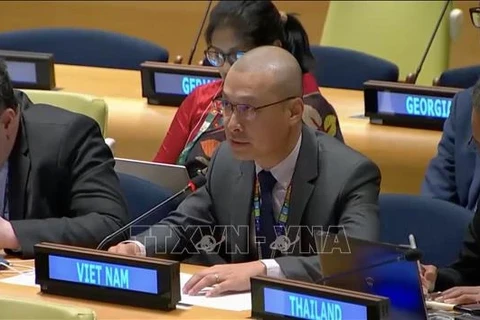 Советник-посланник Нгуен Хоанг Нгуен, заместитель постоянного представителя Вьетнама при ООН, выступает на мероприятии (Фото: ВИА) 