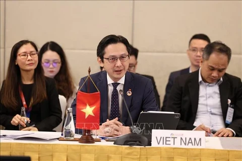 Заместитель министра иностранных дел До Хунг Вьет, глава SOM Вьетнама при АСЕАН на встрече в Лаосе. (Фото: трансляции ВИА)
