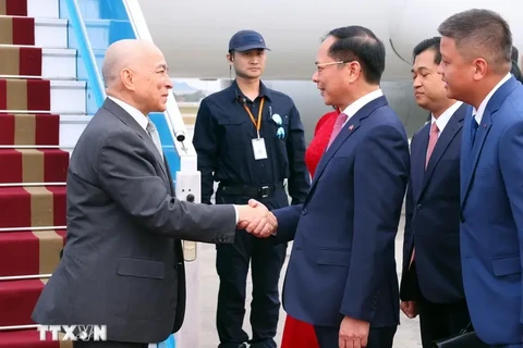 El rey Norodom Sihamoni (izquierda) es recibido en el aeropuerto internacional de Noi Bai por el viceprimer ministro y canciller, Bui Thanh Son (Fuente: VNA)