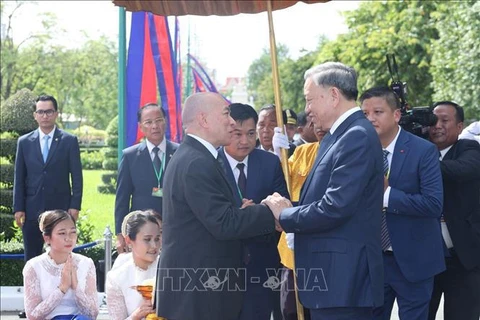 Le roi Preah Bat Samdech Preah Boromneath Norodom Sihamoni (à gauche) accueille le président Tô Lâm à son arrivée au Palais royal, à Phnom Penh, le 12 juillet. Photo: VNA