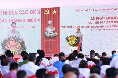 Le Premier ministre Pham Minh Chinh s’exprime lors de la cérémonie, à Dak Lak, le 18 août. Photo: VNA