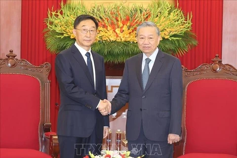 Le secrétaire général et président Tô Lâm (à droite) recevant le membre du Comité central du Parti communiste chinois et secrétaire du Comité du Parti communiste chinois de la région autonome Zhuang du Guangxi, Liu Ning. Photo : VNA