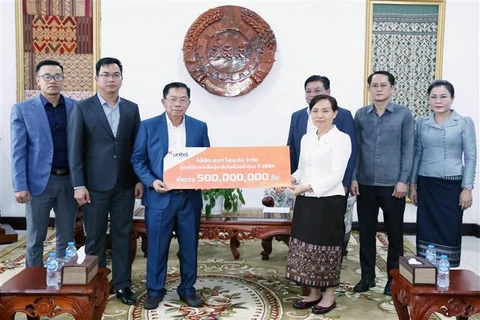 Un représentant d'une entreprise vietnamienne au Laos remet un don aux localités lao touchées par les inondations. Photo : VNA