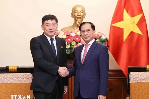 Le vice-Premier ministre et ministre des Affaires étrangères Bui Thanh Son (à droite) serre la main du vice-ministre des Affaires étrangères de la République populaire démocratique de Corée (RPDC) Pak Sang Gil. Photo : VNA