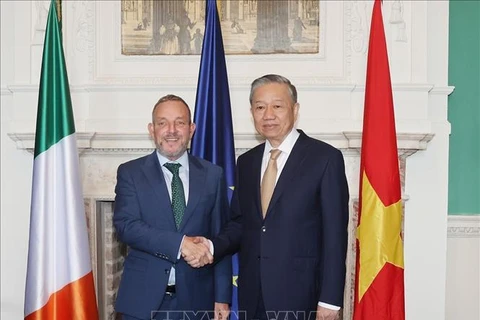 Le secrétaire général du Parti communiste du Vietnam et président vietnamien Tô Lâm (à droite) et le président du Sénat irlandais Jerry Buttimer, à Dublin, le 3 octobre. Photo: VNA