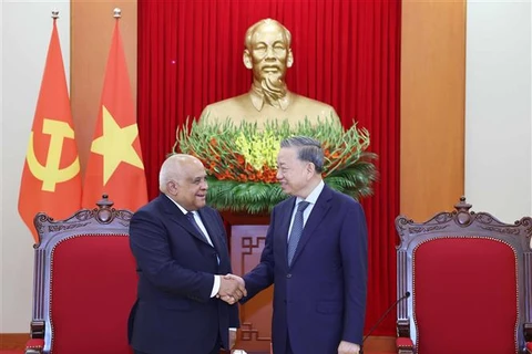 Le secrétaire général Tô Lâm (à droite) serre la main de l’ambassadeur de Cuba au Vietnam Orlando Nicolás Hernández Guillén, à Hanoi, le 7 novembre. Photo: VNA