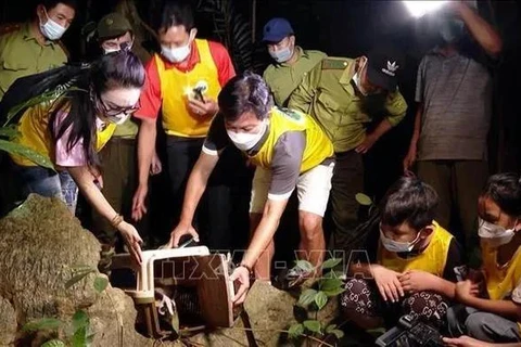 Des gens participent à une visite «Ramener les animaux à la maison» dans le parc national de Cuc Phuong, dans la province de Ninh Binh (Nord). Photo : VNA