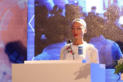 Robot citizen Sophia speaks at Industry 4.0 Summit & Exhibition