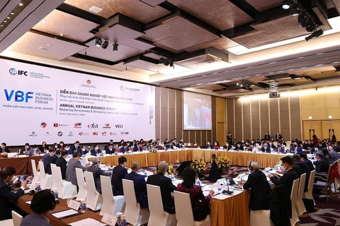 Summit session of annual Vietnam Business Forum themed “Restoring the economy and developing supply chain in the new normal” on February 21. (Photo: VNA)
