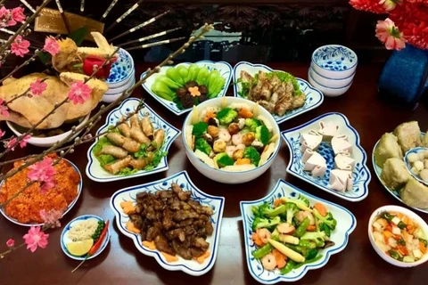 Vietnamese traditional offering trays prepared for Lunar New Year's Eve