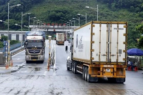 Container trucks carrying shipments of dragon fruit to China pass through Kim Thanh International Border Gate No 2. (Photo: VNA)
