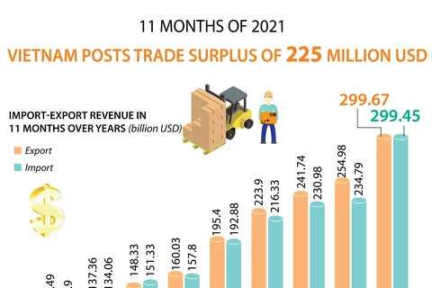 Vietnam posts trade surplus of 225 million USD in 11 months