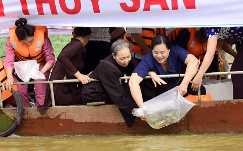 Mass fish release on Lo River on Vu Lan fest