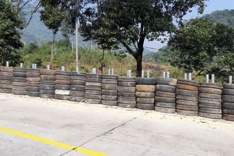 Rubber tyre wall installed along dangerous mountain pass