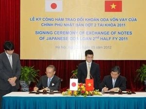 Vietnamese Minister of Planning and Investment Bui Quang Vinh and Japanese Ambassador to Vietnam Yasuaki Tanizaki sign the note (Source:VNA)