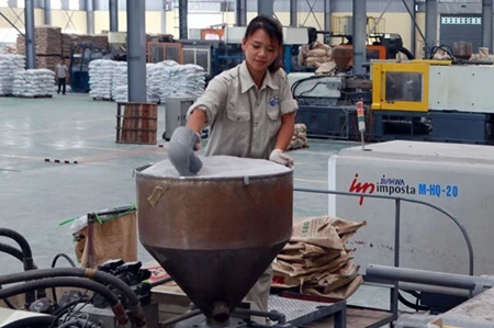 An employee at Thieu Nien Tien Phong Plastic Company works on a plastic production line. Photo: VNA