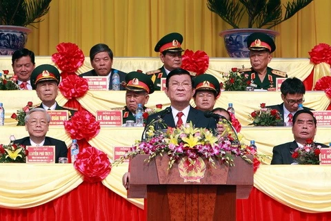 President Truong Tan Sang delivers speech at the grand ceremony saluting the 60th anniversary of Dien Bien Phu victory (Source: VNA)