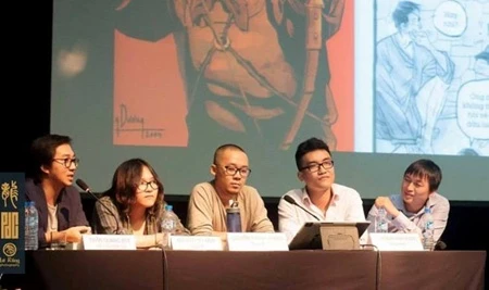 The authors of Long Than Tuong (The Dragon General) gather at the press conference to debut the comic on November 1 in Hanoi (Phong Duong Comic Photo)