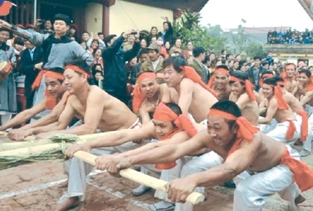 Huu Chap Village's game differs from others' because the two teams struggling to pull each other off their feet don't pull on a rope, but rather two bamboo trees (Photo: tuoitre.vn)