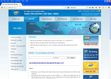 The website of Vietnam Internet Network Information Centre (VNNIC), which made the report (File Photo)