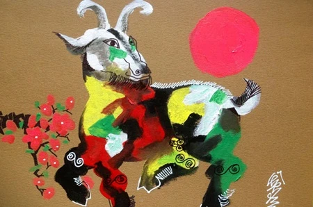 Prancing goat: One of the goat paintings by Le Tri Dung displayed at the spring festival. (Photo: VNS)