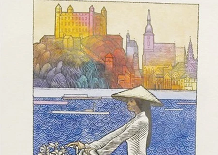 Peter Pollag's painting of a young Vietnamese woman riding a bicycle across the River Danube in Bratislava (Photo courtesy of Slovakian Embassy)