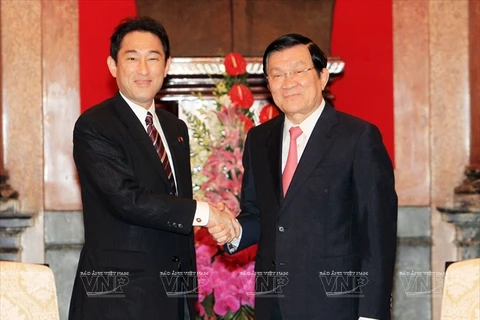 President Truong Tan Sang (right) and Japanese Foreign Minister Fumio Kishida (left) at a meeting in August last year. (Photo: VNP)
