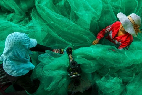 The winning photo by photographer Pham Ty which captures the scene of two women weaving a giant fish net at a small village. (Source: anyarena.com) 
