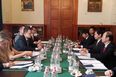Scene at a working session between the Vietnamese delegation with Hungarian officials. Source: VNA 