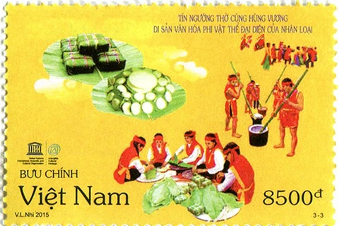 A stamp features the making of traditional "chung" and "day" cakes