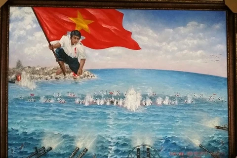 The oil painting depicts Vietnamese naval soldiers building and protecting the island against the gun barrels of Chinese invaders.