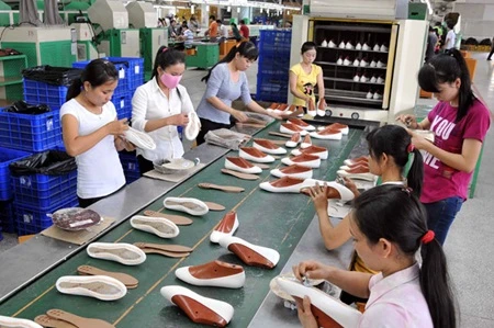 Workers produce shoes for export at My Phong Shoe Company Limited in the southern province of Tra Vinh. Viet Nam is currently the third largest exporter of footwear in the world. (Photo: VNA)